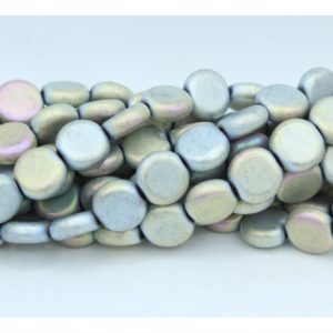 Hematite - 10mm Coin Shape - Lt Blue Iris - 40cm Strand