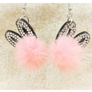 Easter Bunny Pom Pom / Crystal Ear Earrings - 35 x 28mm