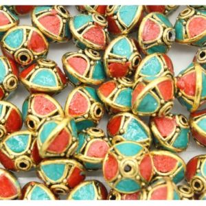 Flat Bicone Shape - 14 x 12mm - Antique Gold / Red / Teale