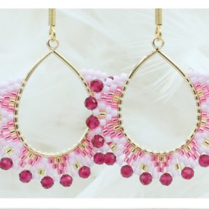 Beaded Glass / Crystal Drop Earrings - 35mm - Pink