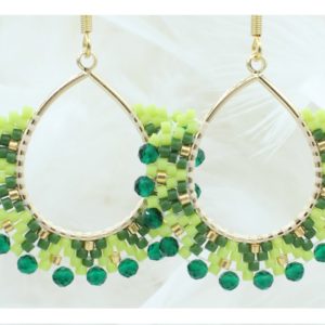 Beaded Glass / Crystal Drop Earrings - 35mm - Green