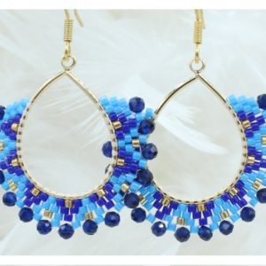 Beaded Glass / Crystal Drop Earrings - 35mm - Blue