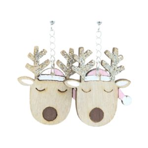 Christmas Earrings - Reindeer / Wood - Pink - 40mm