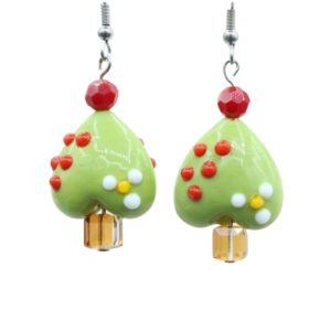 Christmas Earrings - Heart / Crystal Tree - Green - 30mm