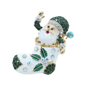 Santa In Stocking Brooch - Gold / Emerald - 60mm