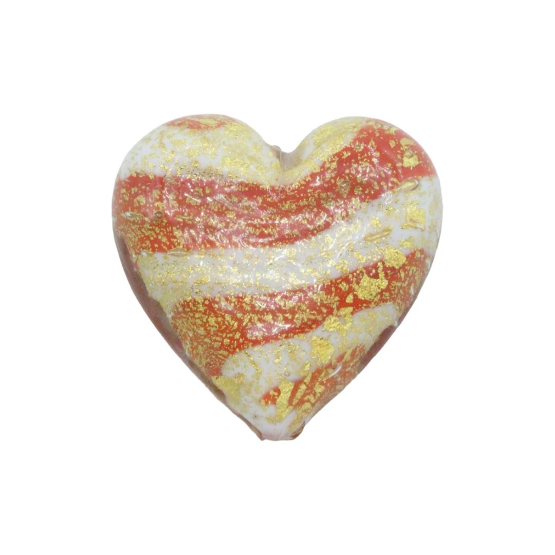 Murano Glass – Heart - Flat – Stripe - 40mm – Orange / White