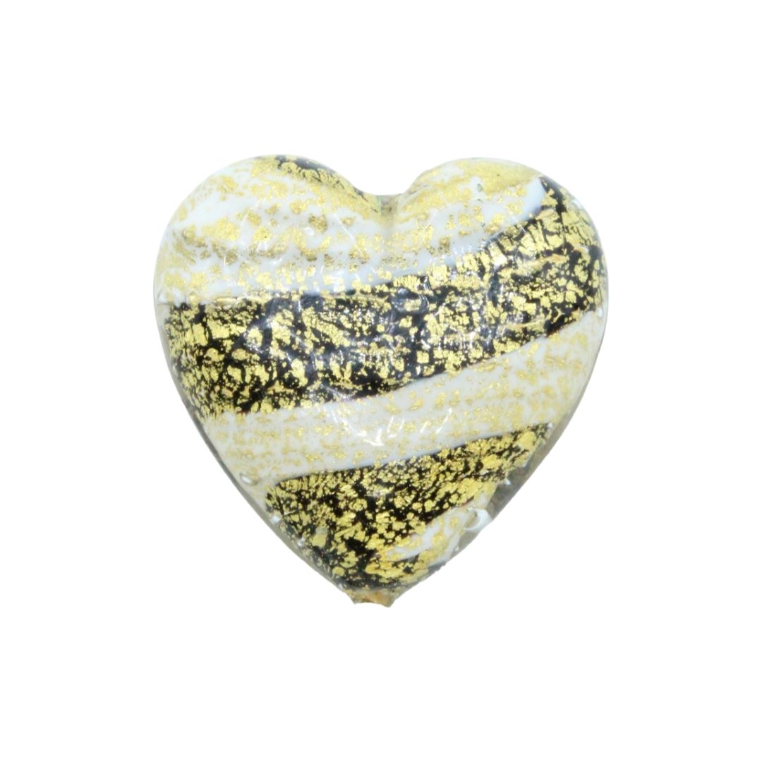 Murano Glass – Heart - Flat – Stripe - 40mm – White / Black