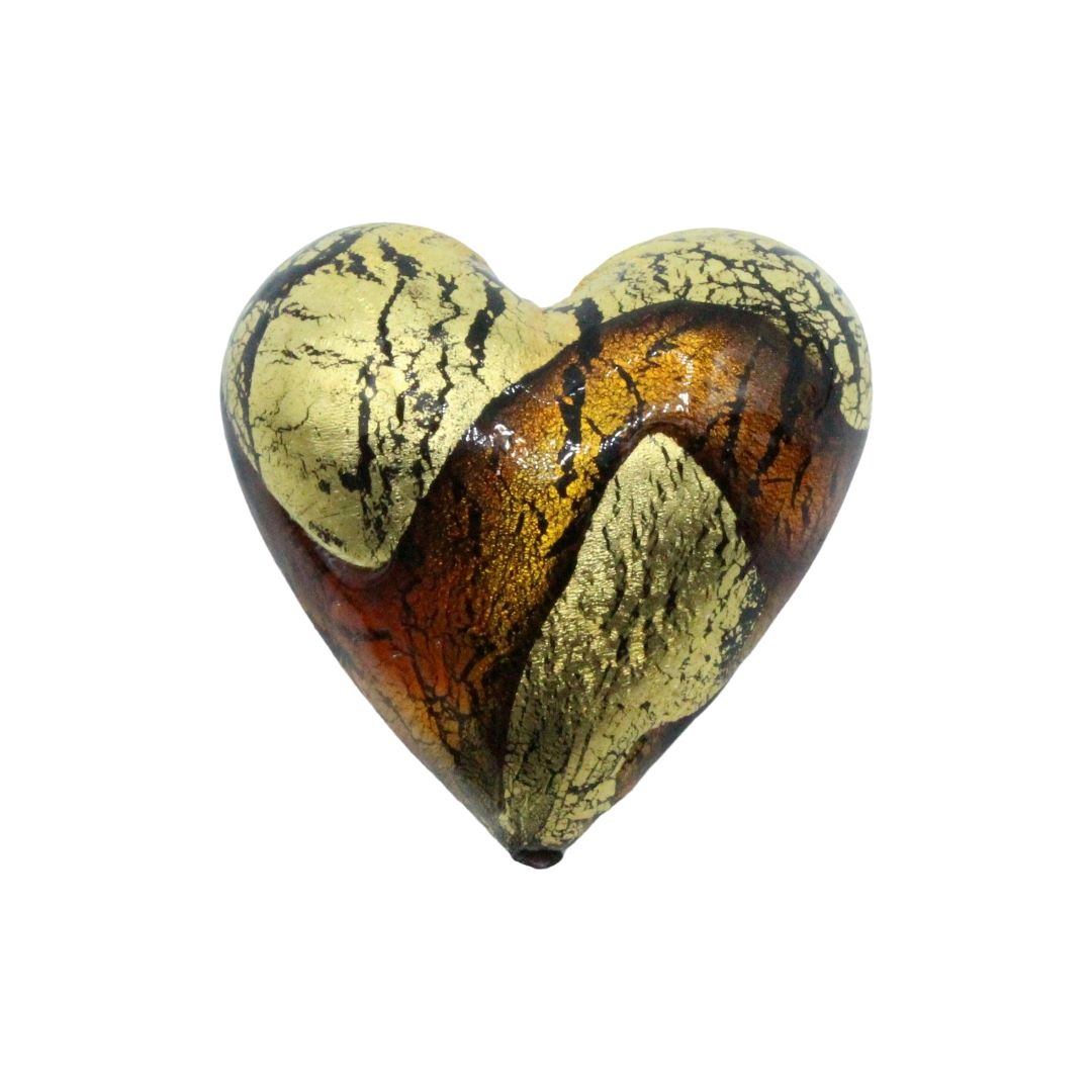 Murano Glass – Heart - Puffy – 40mm – Patterned - Amber / Gold