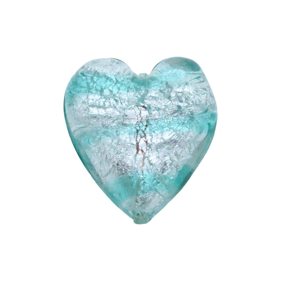 Murano Glass – Heart - Flat – 35mm – Teale Stripe / Silver