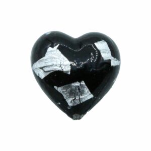 Murano Glass – Heart - Puffy– 30mm – Black / Silver Flakes