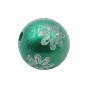 Fancy Round Bead - Floral Print – 16mm – Green