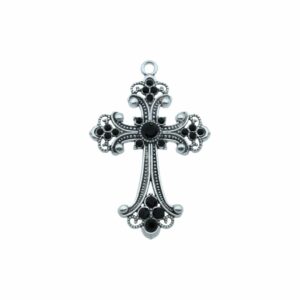 Cross / Crystal Pendant - 68mm - Antique Silver / Jet