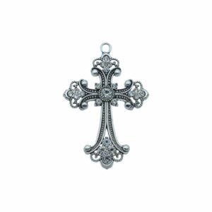 Cross / Crystal Pendant - 68mm - Antique Silver / Crystal