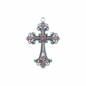 Cross / Crystal Pendant - 68mm - Antique Silver / Light Rose