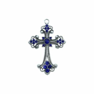 Cross / Crystal Pendant - 68mm - Antique Silver / Cobalt