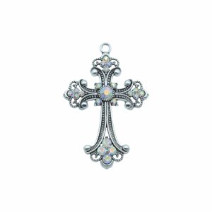 Cross / Crystal Pendant - 68mm - Antique Silver / AB