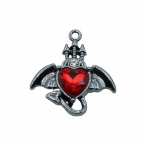 Gothic Bat Charm with Crystal - 25mm - Gun Metal / Ruby
