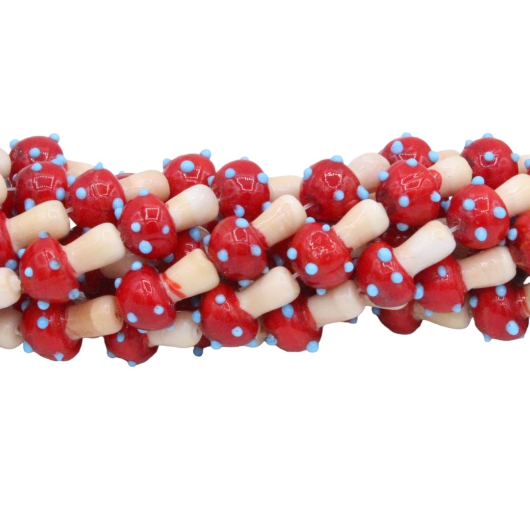 Mushroom Lampwork Beads - Glass - 16mm - Red / Cream - 47cm Strand