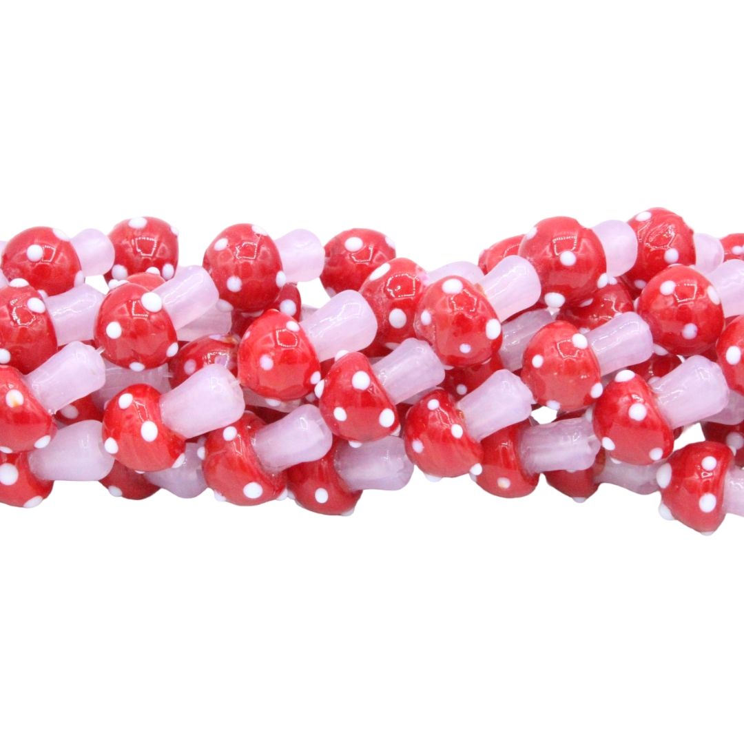 Mushroom Lampwork Beads - Glass - 16mm - Pink / Red - 47cm Strand
