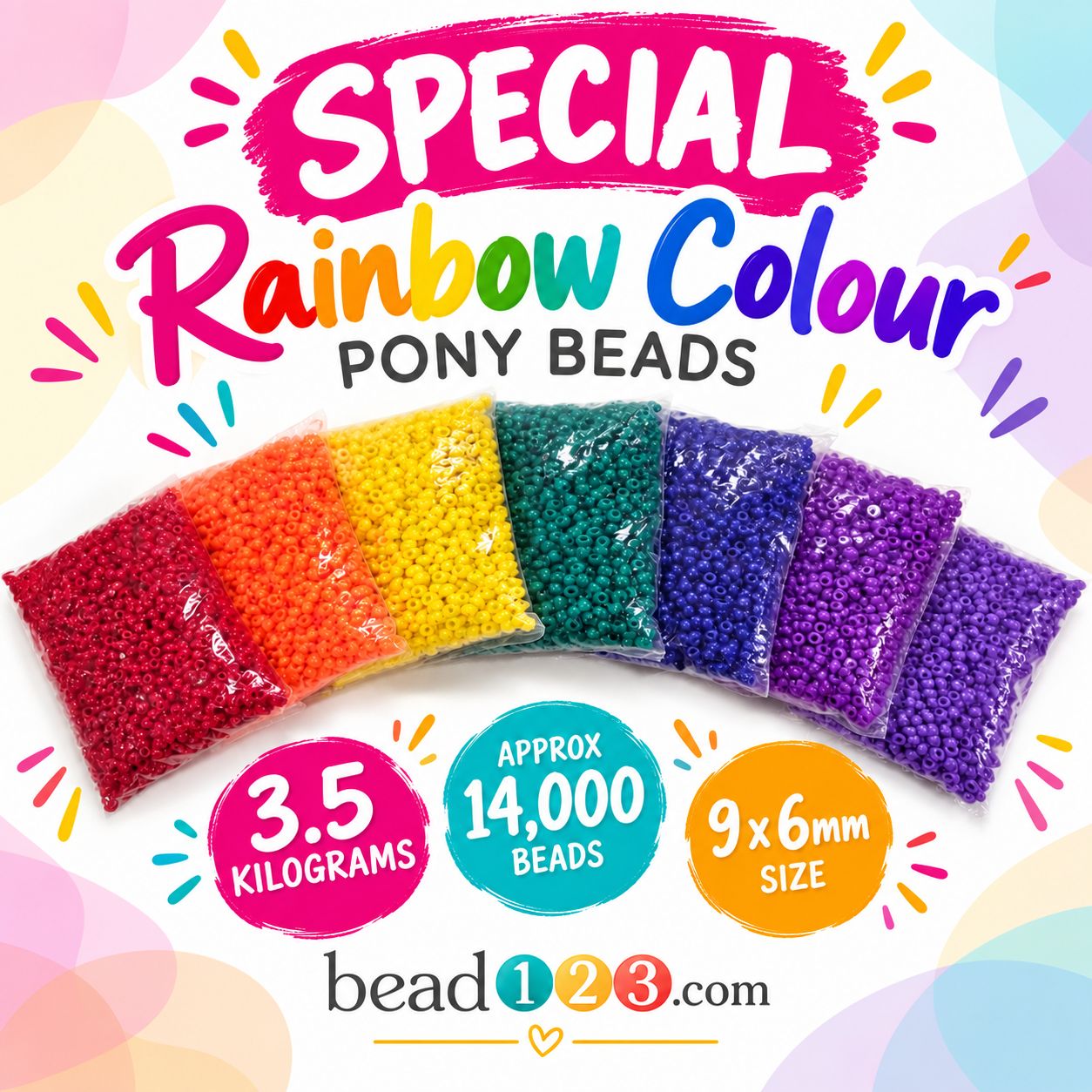 Pony Beads Rainbow Special - 9mm - 3.5 Kilograms - 14,000 Pieces